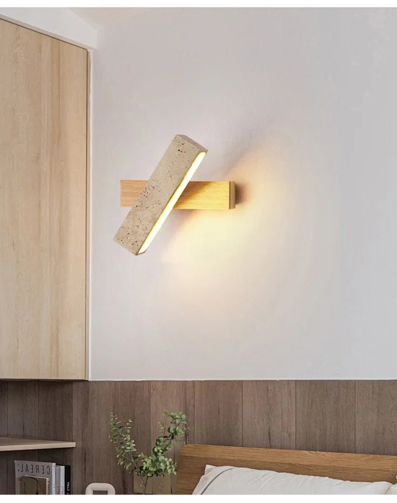 Wabi-Sabi Cave Stone Wall Sconce with Solid Wood Base - Hans Lumiere