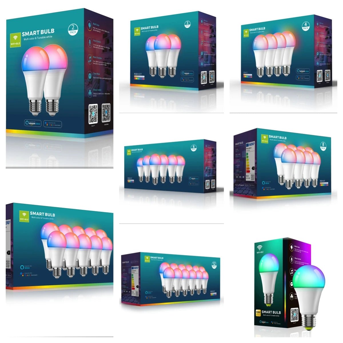 WiFi Bluetooth Smart LED Bulb E27 RGB + Tunable White, Alexa & Google, 1-12 Pack - Hans Lumiere