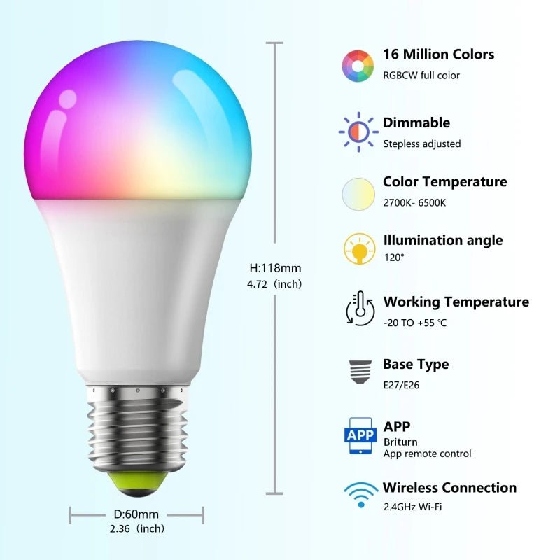 WiFi Bluetooth Smart LED Bulb E27 RGB + Tunable White, Alexa & Google, 1-12 Pack - Hans Lumiere
