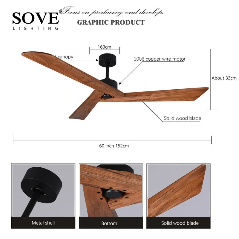 Wood Ceiling Fan Without Light With Remote Control - Hans Lumiere