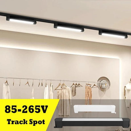 Magnetic LED track lighting system mounted on a ceiling