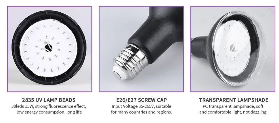 15W BR30 LED UV Black Light Bulb E26 E27, 395nm Glow Party Light - Hans Lumiere