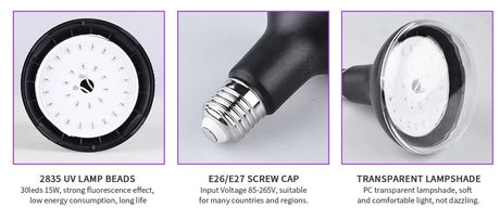 15W BR30 LED UV Black Light Bulb E26 E27, 395nm Glow Party Light - Hans Lumiere
