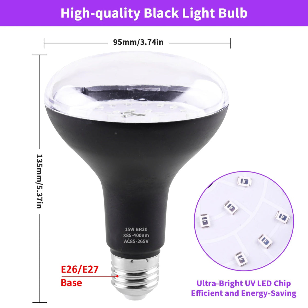 15W BR30 LED UV Black Light Bulb E26 E27, 395nm Glow Party Light - Hans Lumiere