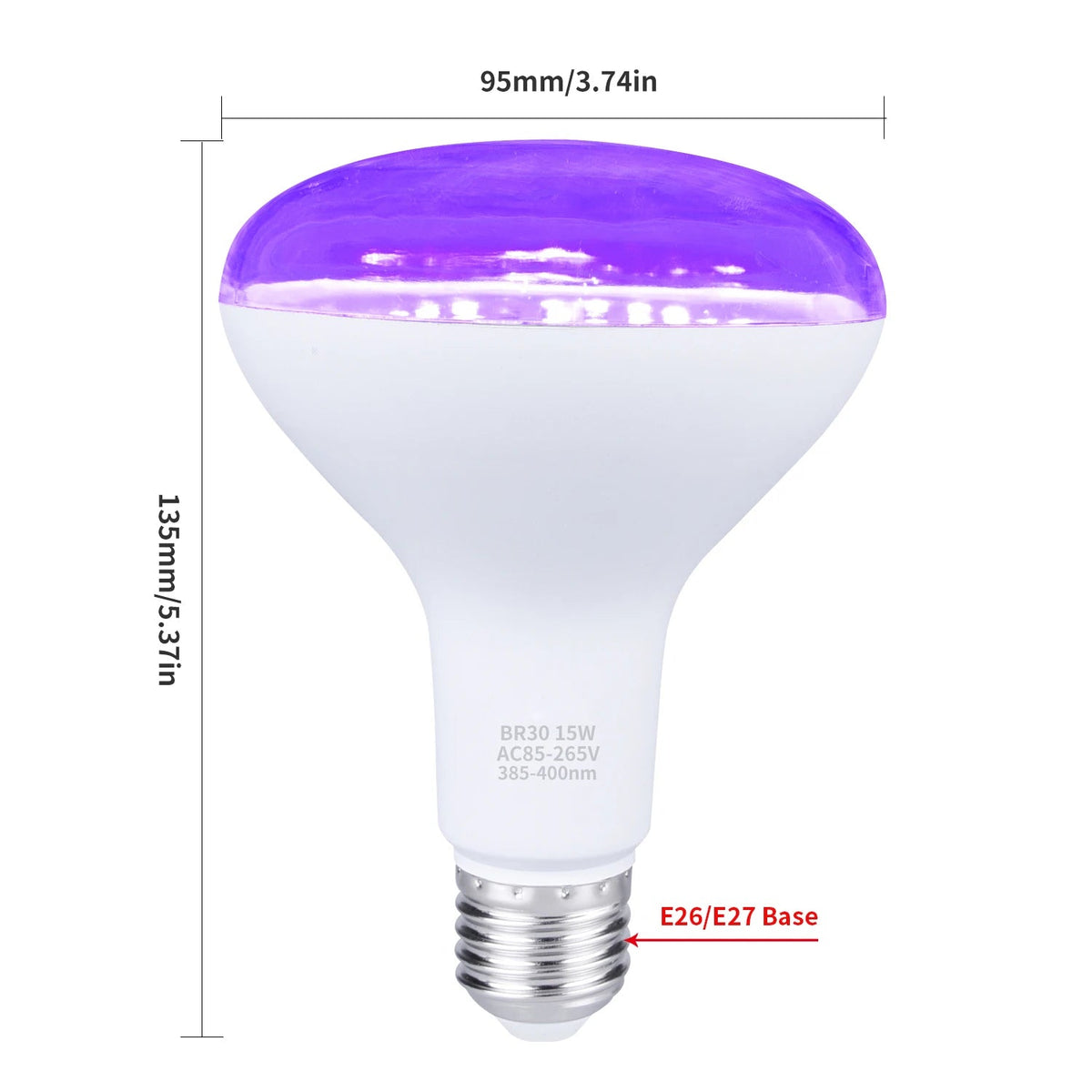 15W BR30 LED UV Black Light Bulb E26 E27, 395nm Glow Party Light - Hans Lumiere