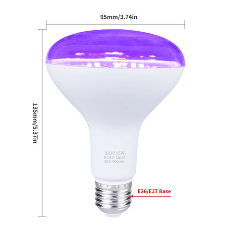 15W BR30 LED UV Black Light Bulb E26 E27, 395nm Glow Party Light - Hans Lumiere