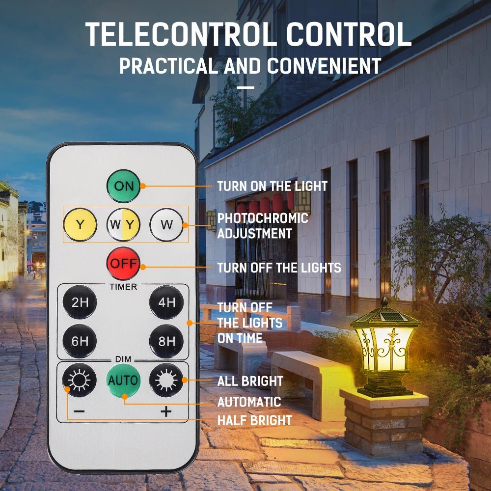 3-Color Solar Post & Pillar Lamp – Remote Control, IP66 Waterproof - Hans Lumiere