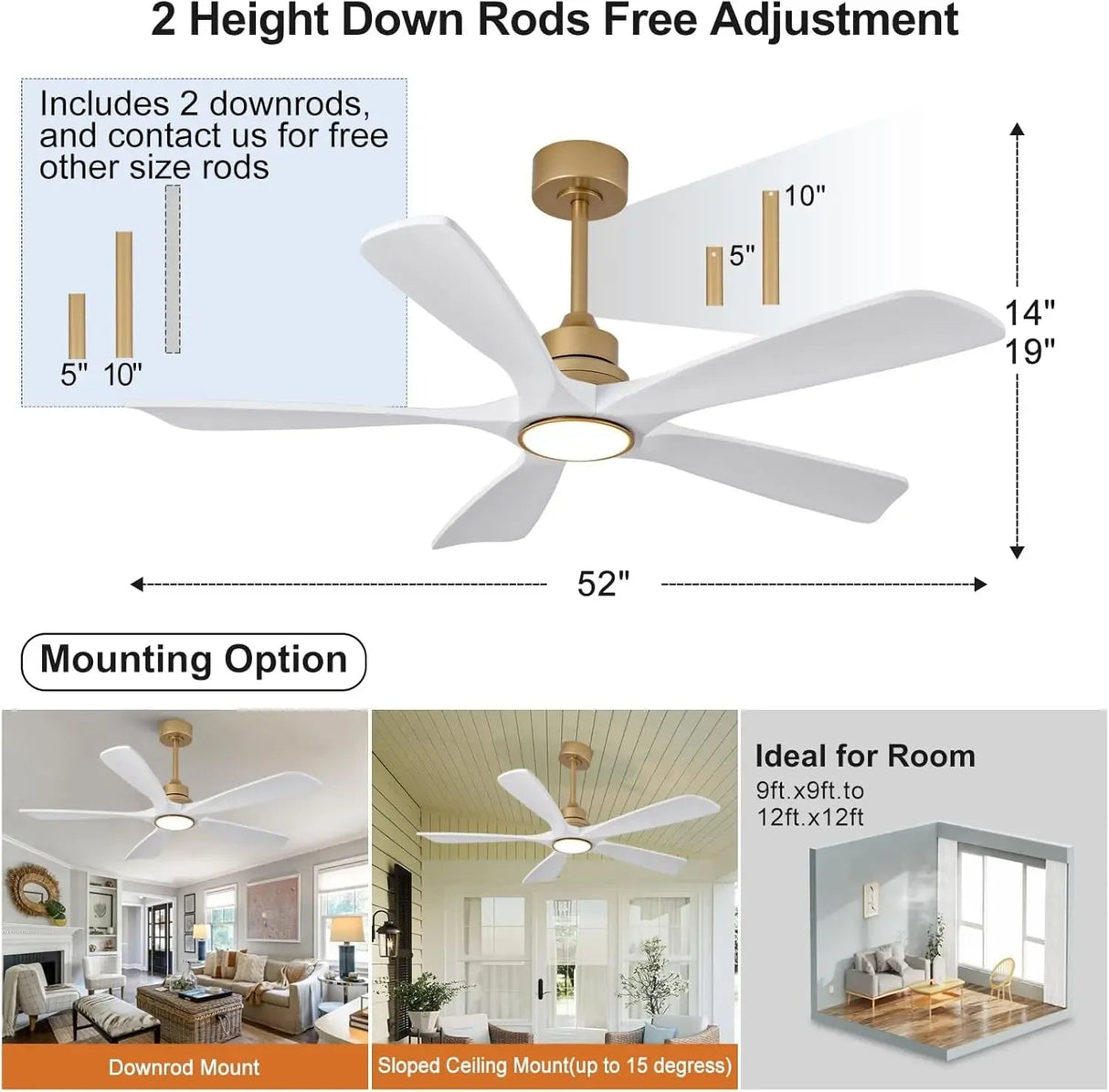 5-Blade Wood Ceiling Fan with LED Light and Remote Control - Hans Lumiere