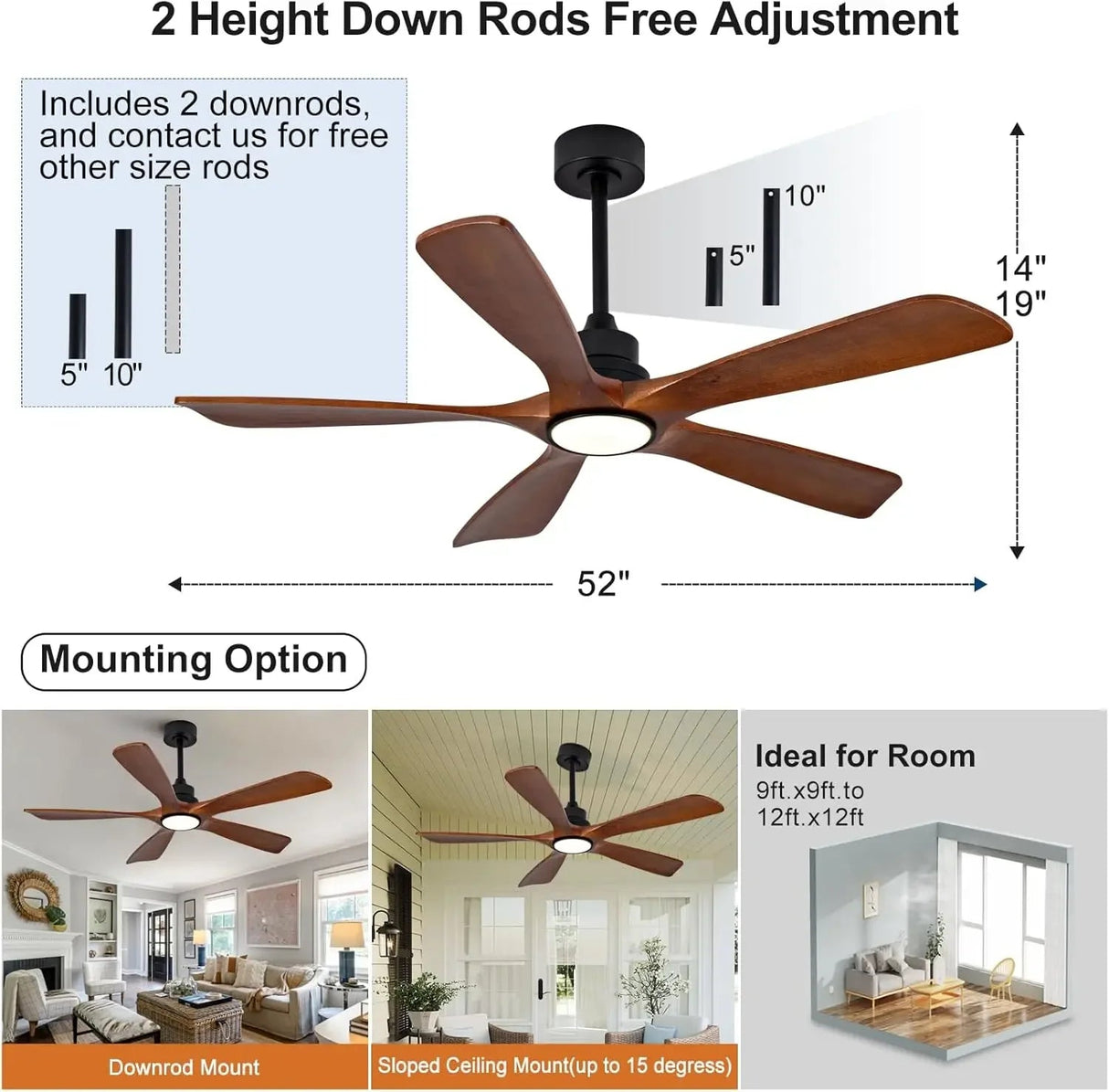 5-Blade Wood Ceiling Fan with LED Light and Remote Control - Hans Lumiere
