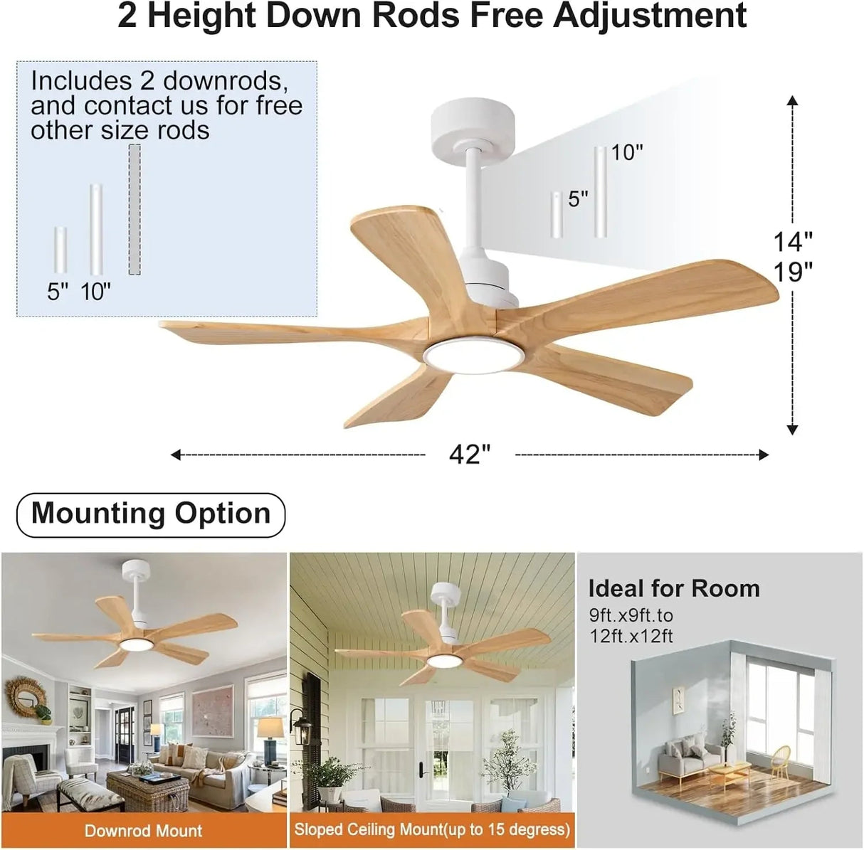 5-Blade Wood Ceiling Fan with LED Light and Remote Control - Hans Lumiere