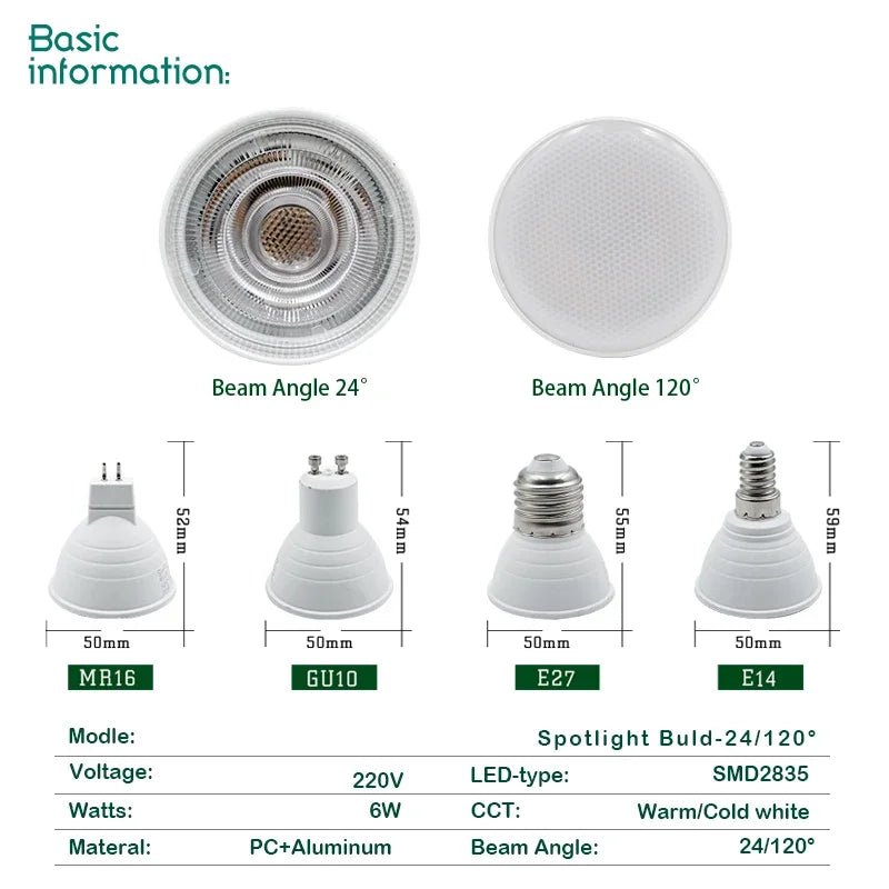 6W LED Spotlight Bulbs GU10 MR16 E27 E14, 24° or 120° Beam, 10 Pack - Hans Lumiere