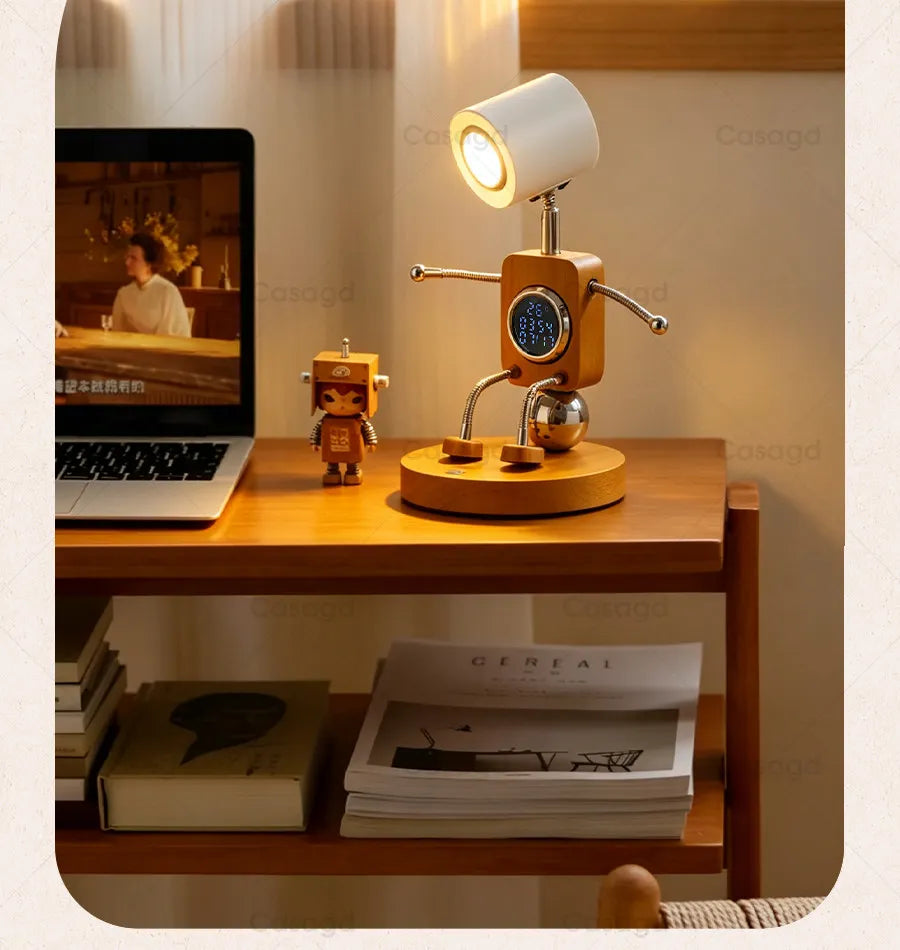 Wooden Robot Bedside Lamp - Adjustable Dimmable LED Night Light