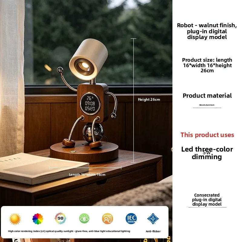 Wooden Robot Bedside Lamp - Adjustable Dimmable LED Night Light