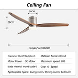 42/52/60inch Low Floor LED Ceiling Fan With 3 Colors Dimmable Light