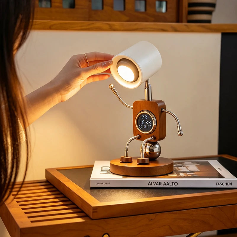 Wooden Robot Bedside Lamp - Adjustable Dimmable LED Night Light