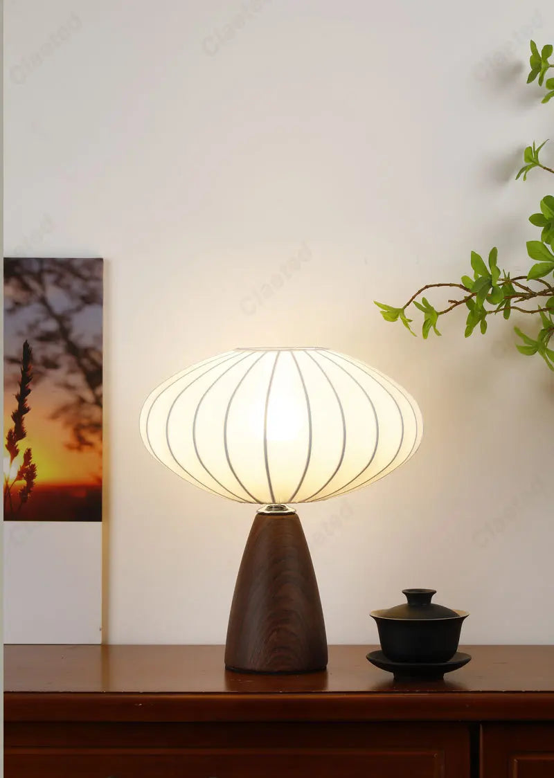 Modern Wood LED Table Lamp with Fabric Shade – Dimmable