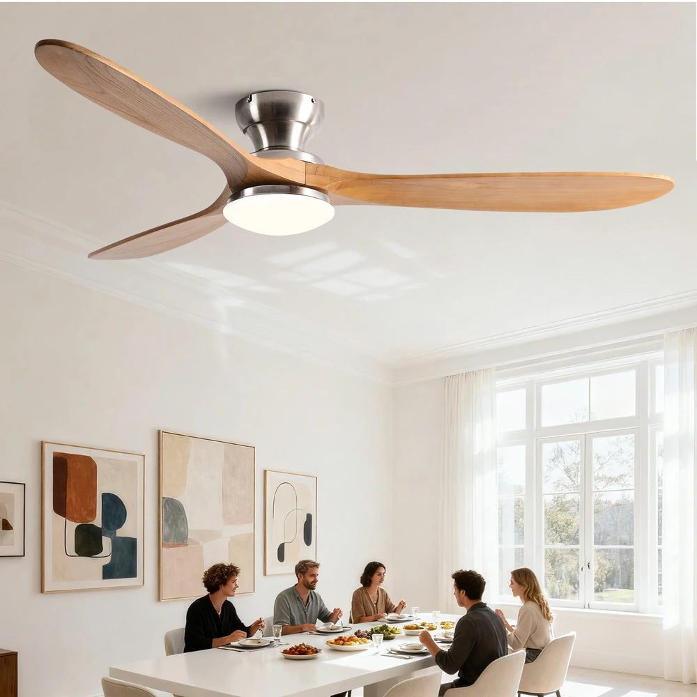 Low-Profile Wood Blade Ceiling Fan with LED Light &amp; Remote