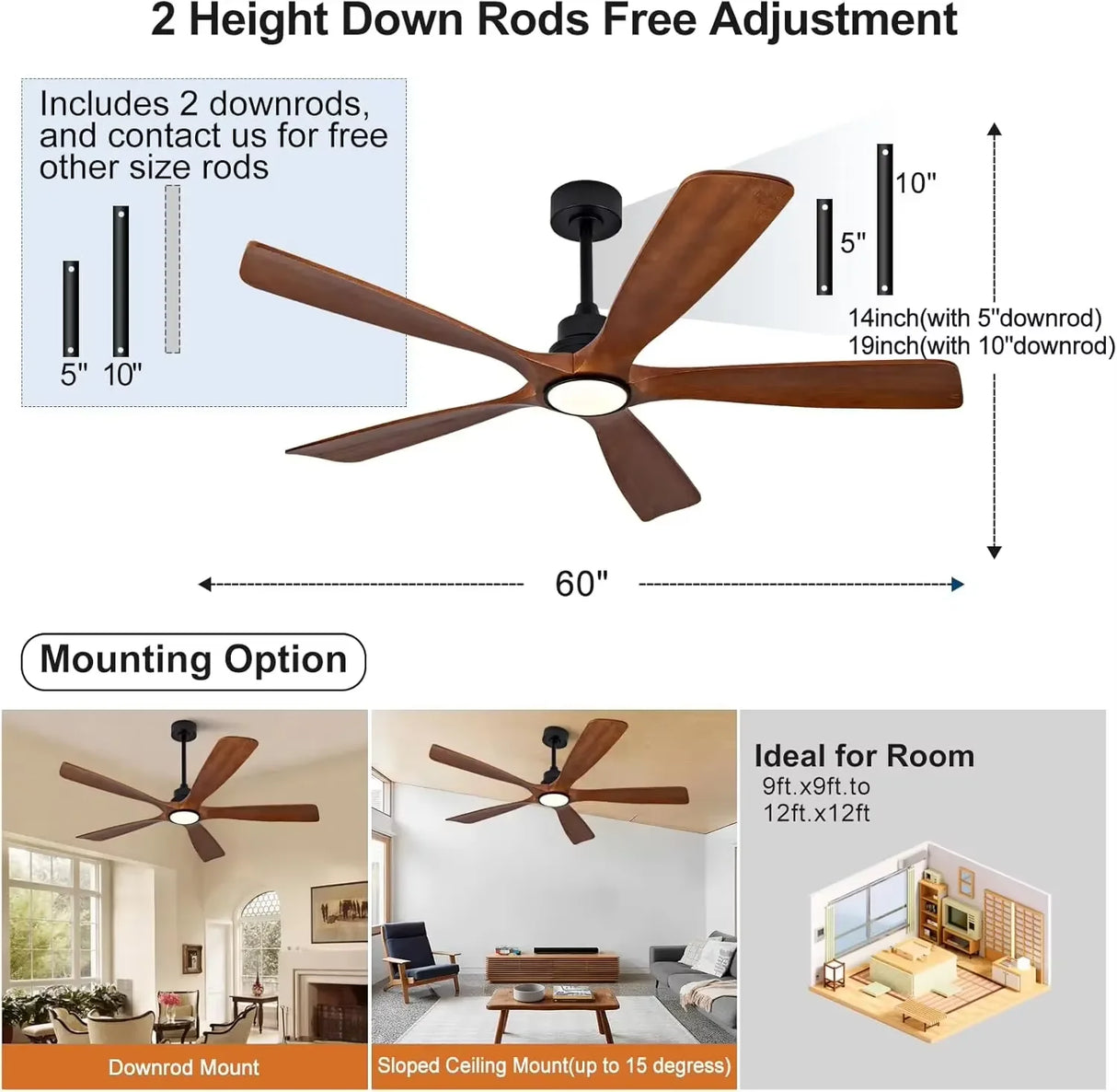 42/52/60 Inch Vintage Large Strong Wind  LED Ceiling Fan Light