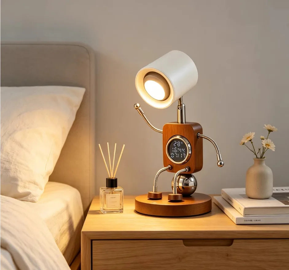Wooden Robot Bedside Lamp - Adjustable Dimmable LED Night Light