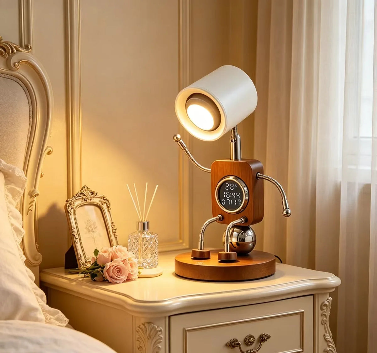 Wooden Robot Bedside Lamp - Adjustable Dimmable LED Night Light