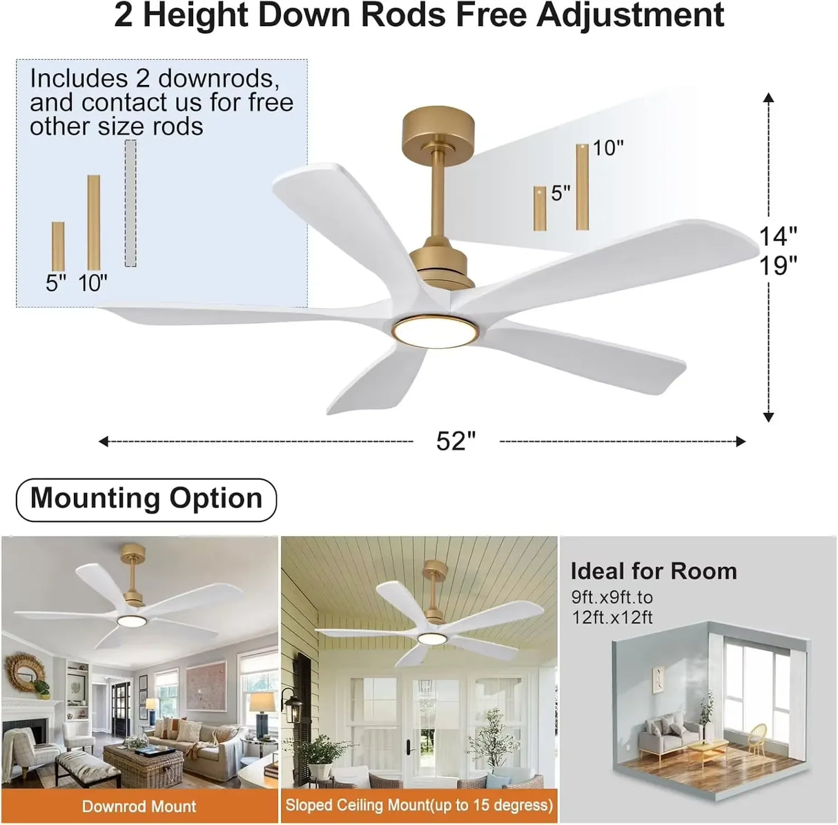 42/52/60 Inch Vintage Large Strong Wind  LED Ceiling Fan Light