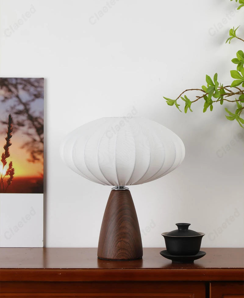 Modern Wood LED Table Lamp with Fabric Shade – Dimmable