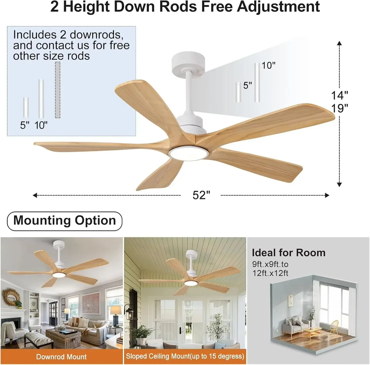 42/52/60 Inch Vintage Large Strong Wind  LED Ceiling Fan Light