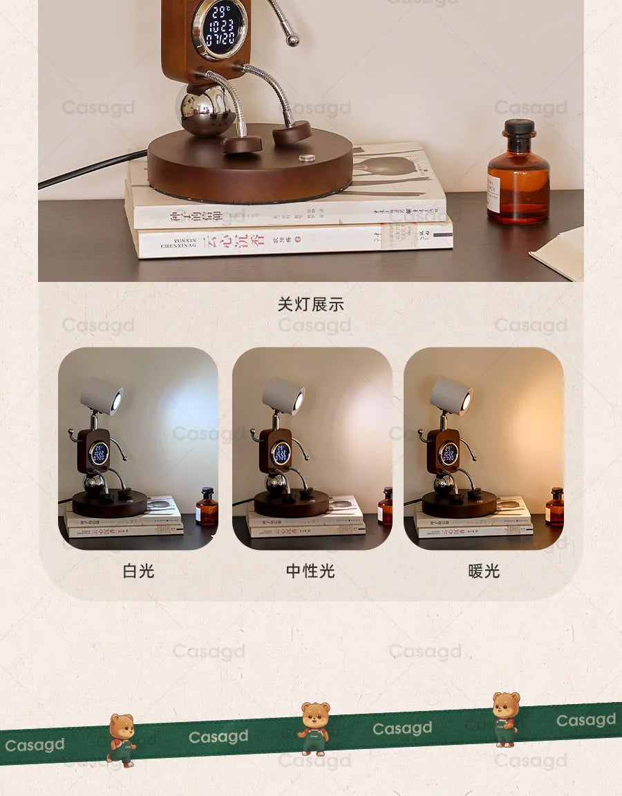 Wooden Robot Bedside Lamp - Adjustable Dimmable LED Night Light
