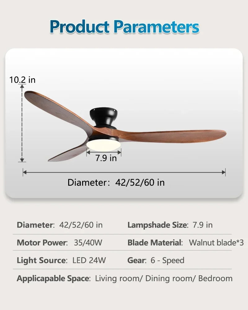 Low-Profile Wood Blade Ceiling Fan with LED Light &amp; Remote