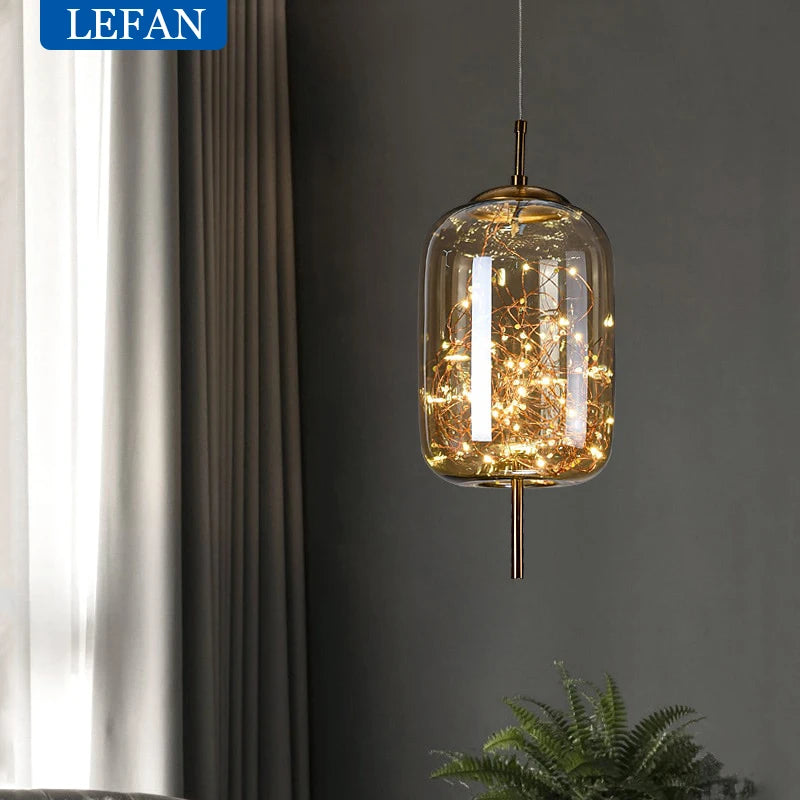 Modern Luxury Nordic Glass LED Pendant Light – Gold & Grey Chandelier for Dining Room