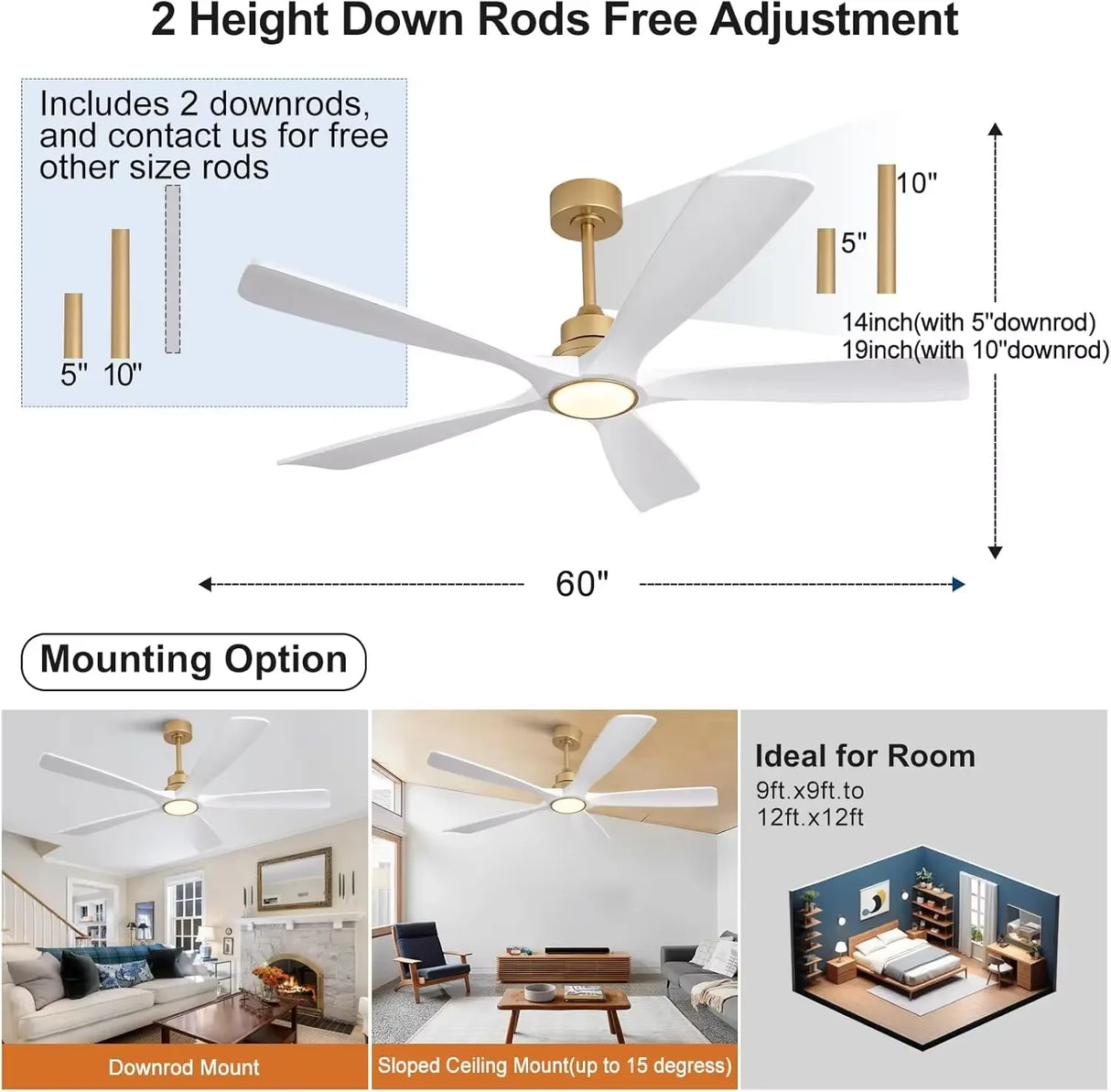 42/52/60 Inch Vintage Large Strong Wind  LED Ceiling Fan Light