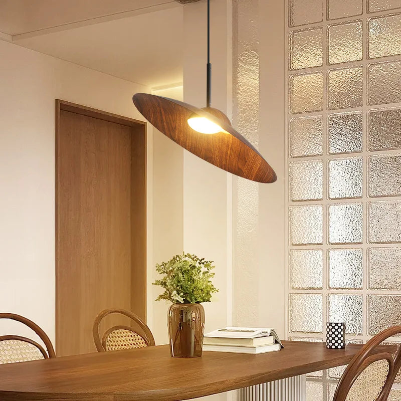 UFO Wood-Grain Dimmable LED Pendant Light