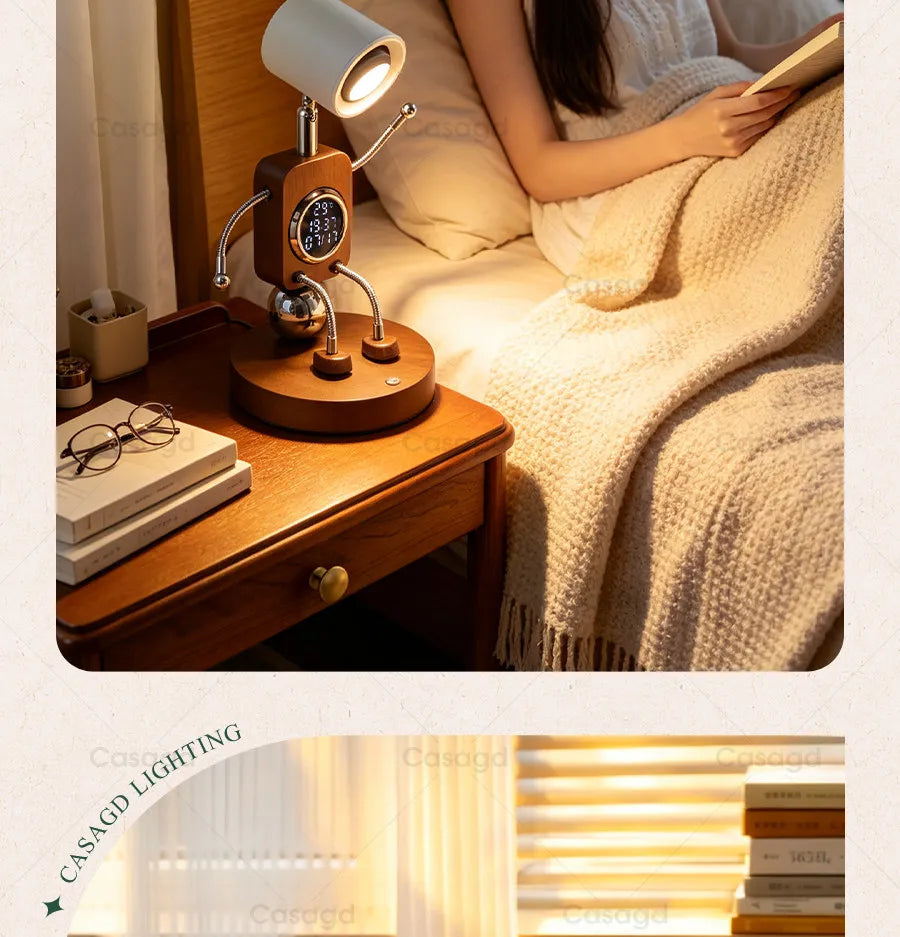 Wooden Robot Bedside Lamp - Adjustable Dimmable LED Night Light