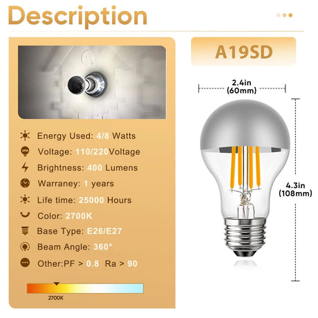 A19 Half Silver Mirror Top Edison LED Filament Bulbs E27 4W 8W 2700K Dimmable, 15 or 25 Pack - Hans Lumiere