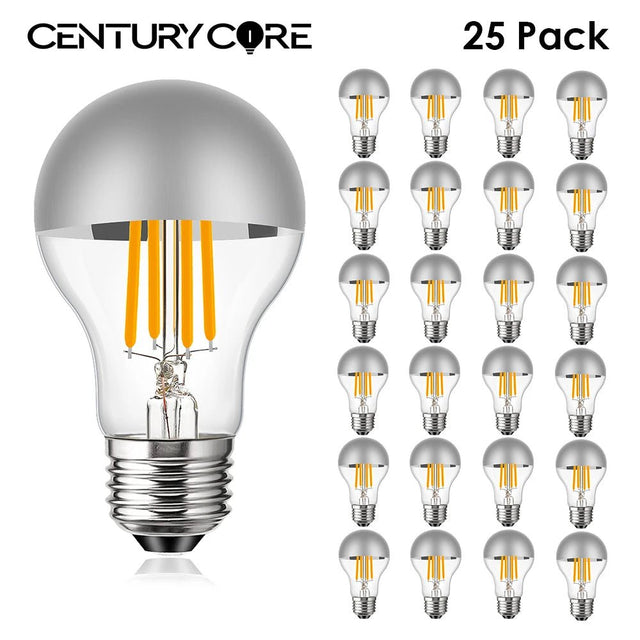 A19 Half Silver Mirror Top Edison LED Filament Bulbs E27 4W 8W 2700K Dimmable, 15 or 25 Pack - Hans Lumiere