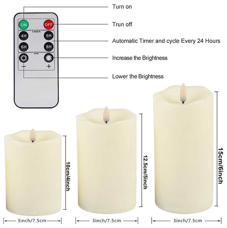 Flickering candles with remote control and dimensions displayed