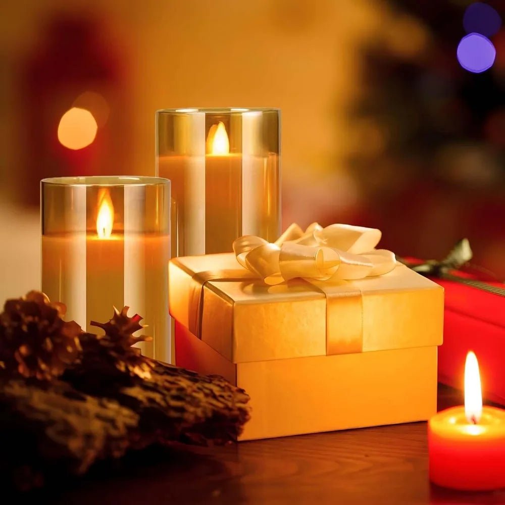 Candlelit scene with a gift box and decorative elements on a warm-toned background