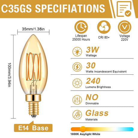 C35 Amber Candle Edison LED Filament Bulbs E14 3W 1800K, 6 or 12 Pack - Hans Lumiere