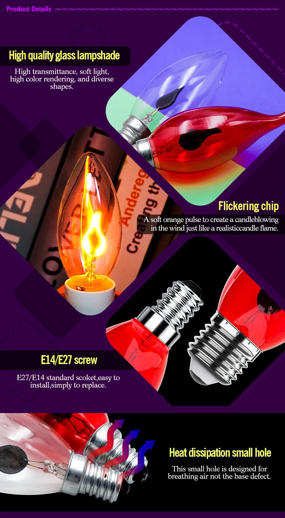 C35 Flame Tip Edison LED Candle Bulbs E14 E27 3W, Vintage Flickering Effect, 1-12 Pack - Hans Lumiere