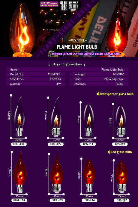 C35 Flame Tip Edison LED Candle Bulbs E14 E27 3W, Vintage Flickering Effect, 1-12 Pack - Hans Lumiere