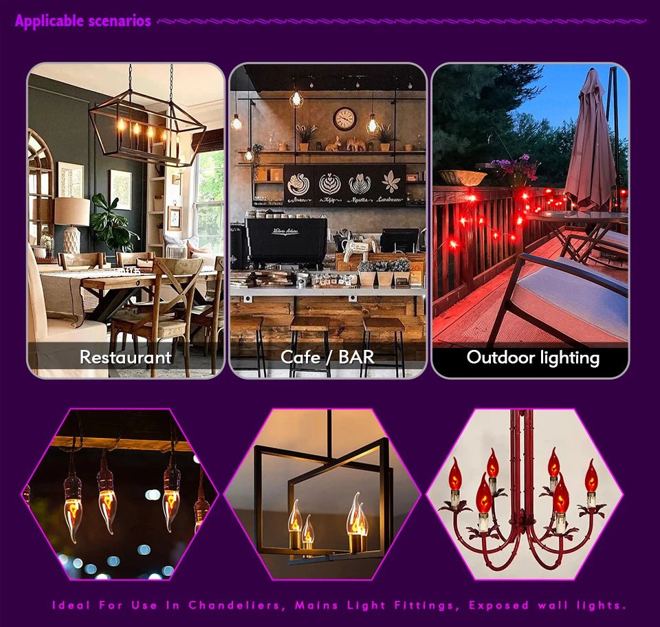 C35 Flame Tip Edison LED Candle Bulbs E14 E27 3W, Vintage Flickering Effect, 1-12 Pack - Hans Lumiere
