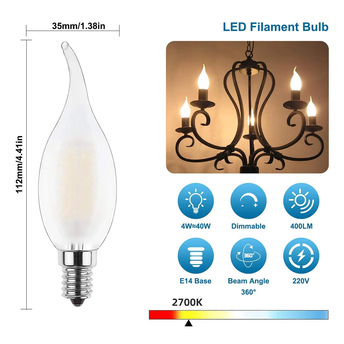 C35 Frosted Candle Edison LED Filament Bulbs E14 4W 2700K, Dimmable or Non-Dimmable, 6 or 10 Pack - Hans Lumiere