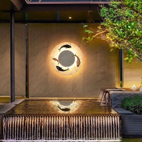 Chinese Style Round Artificial Fish Marble LED Wall Light - Hans Lumiere