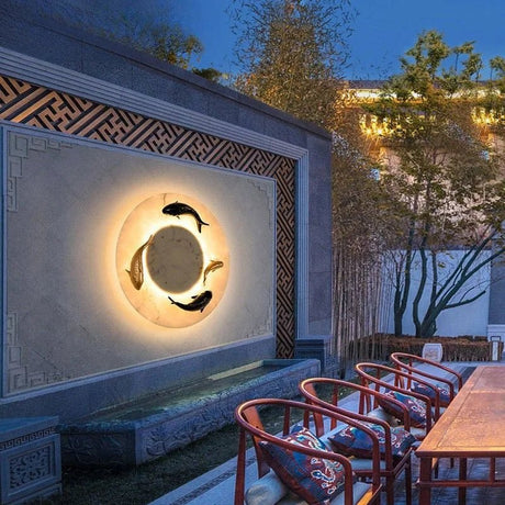 Chinese Style Round Artificial Fish Marble LED Wall Light - Hans Lumiere