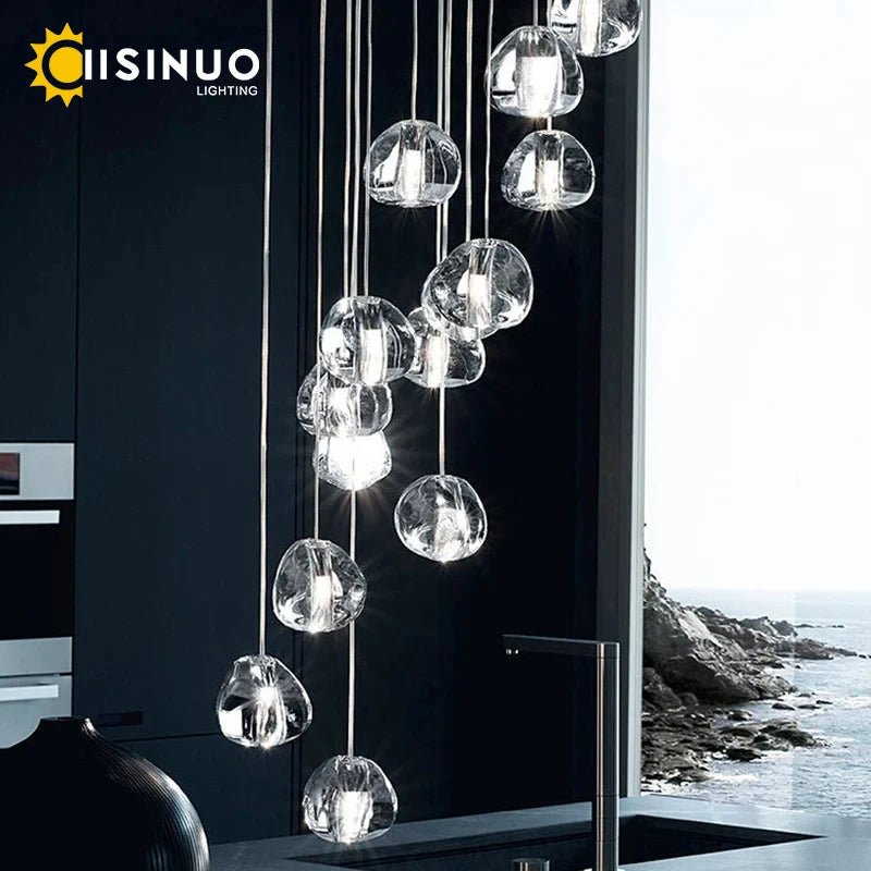 Crystal Ball Staircase Chandelier - Adjustable Cord Pendant Light Fixture - Hans Lumiere