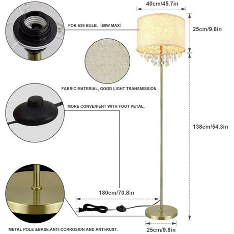 Crystal LED Floor Lamp With Tall Pole Fabric Shade - Hans Lumiere