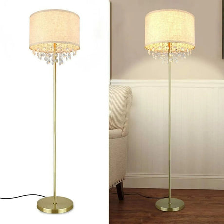 Crystal LED Floor Lamp With Tall Pole Fabric Shade - Hans Lumiere