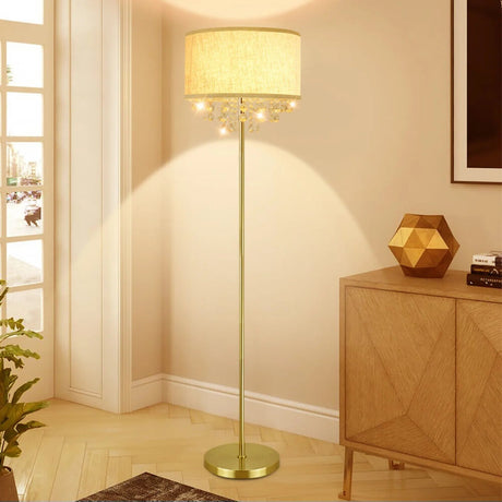 Crystal LED Floor Lamp With Tall Pole Fabric Shade - Hans Lumiere