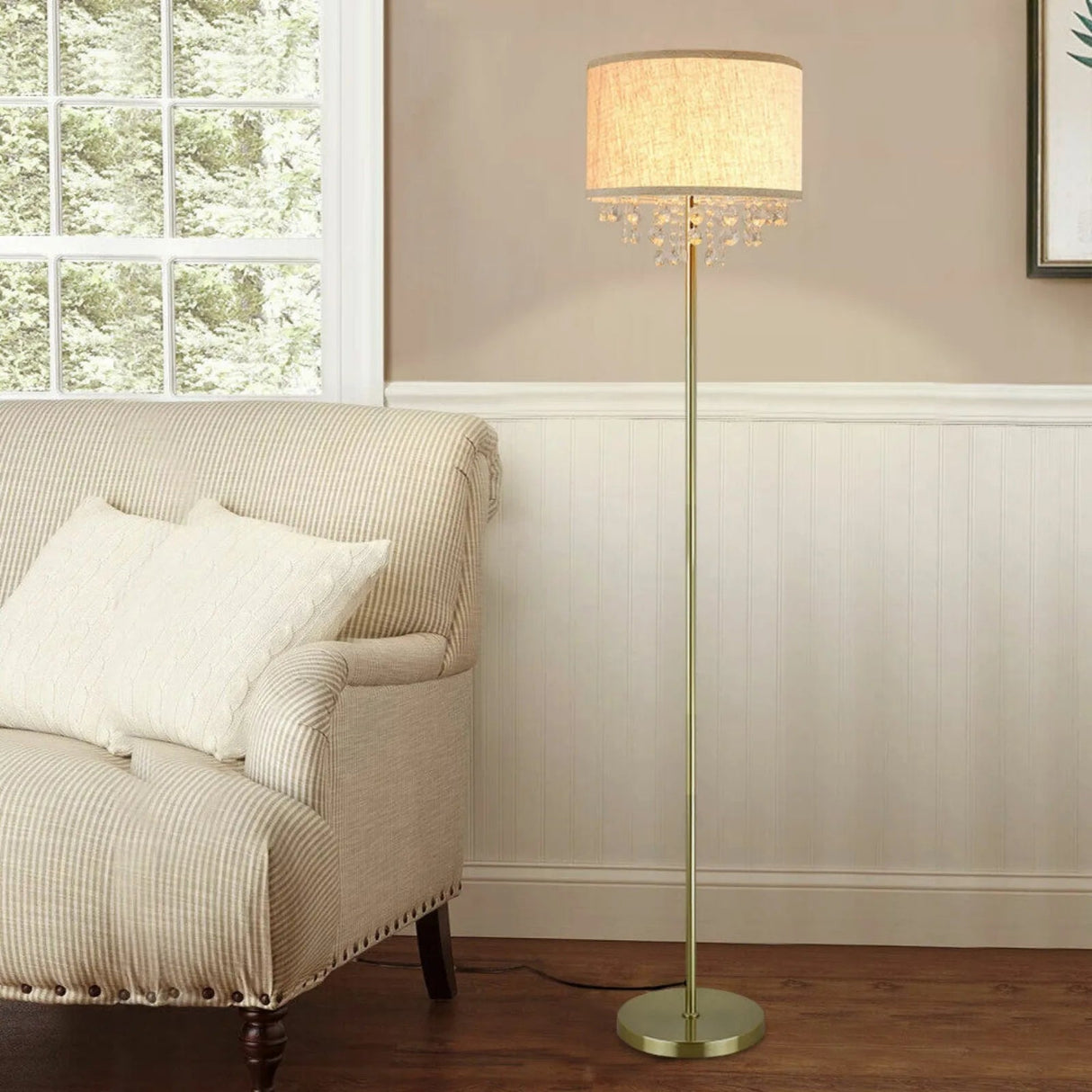 Crystal LED Floor Lamp With Tall Pole Fabric Shade - Hans Lumiere