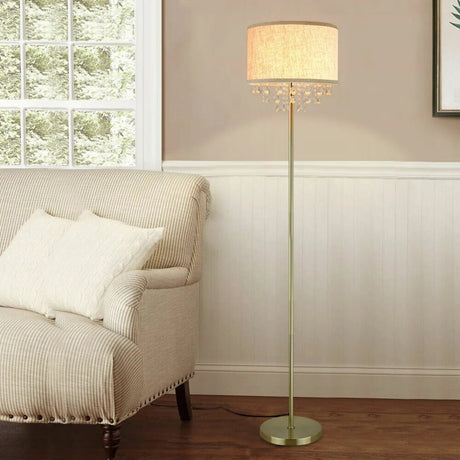 Crystal LED Floor Lamp With Tall Pole Fabric Shade - Hans Lumiere
